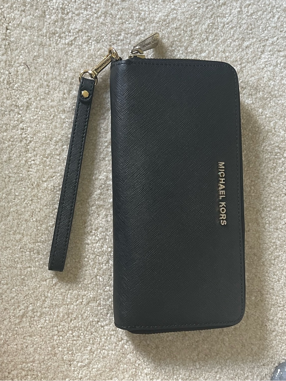 Michael Kors Black Saffiano Zip Wristlet with Gold Hardware